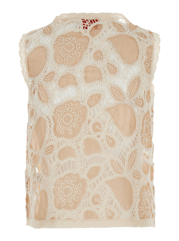 Beaulieu Beige Sleeveless Blouse With V Neck And All-Over Embroidery Lace Woman Shirts Blouses