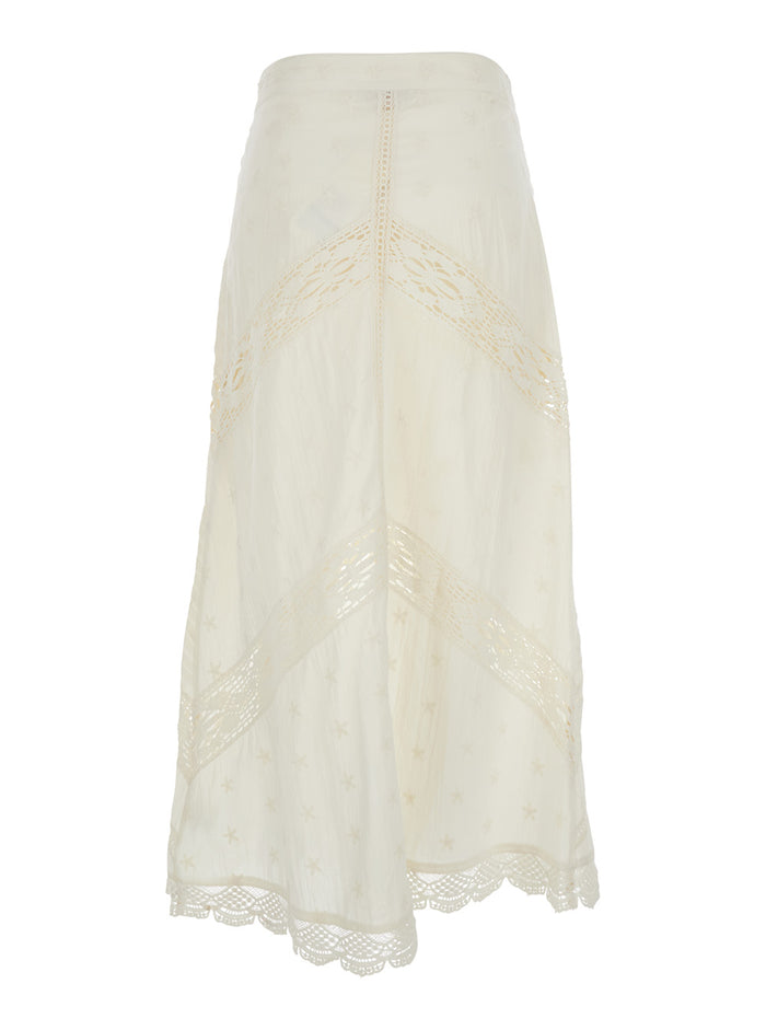 Agnes White Flared Skirt With Lace Embroidery And Scallop Hem Cotton Woman