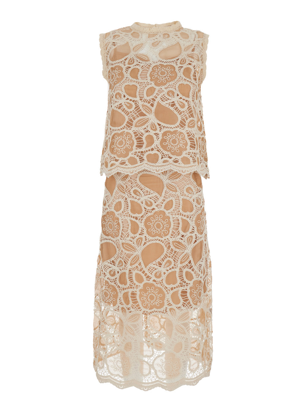 Heloise Beige Sleeveles Ensemble With All-Over Embroidery Lace Woman Suits