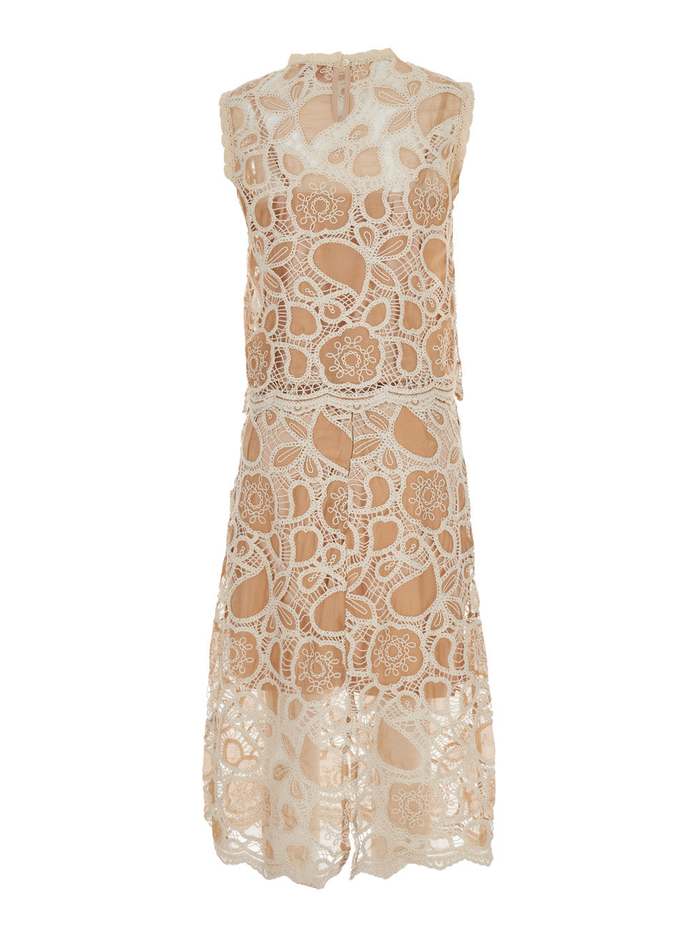 Heloise Beige Sleeveles Ensemble With All-Over Embroidery Lace Woman Suits