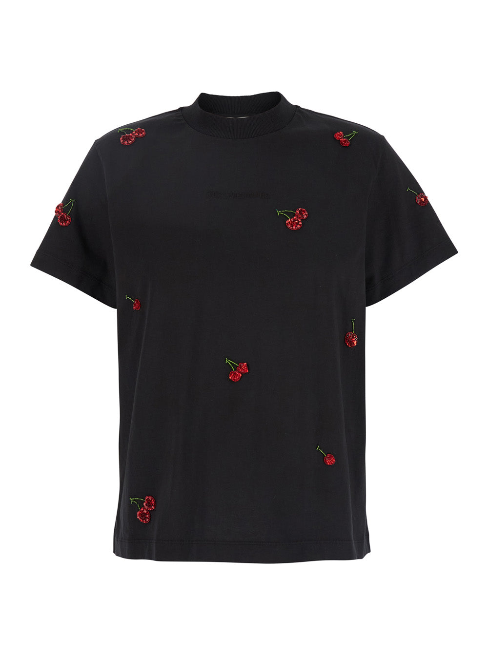 Black T-Shirt With All-Over Sequined Cherry Decorations Cotton Woman Tshirts And Polo Shirts