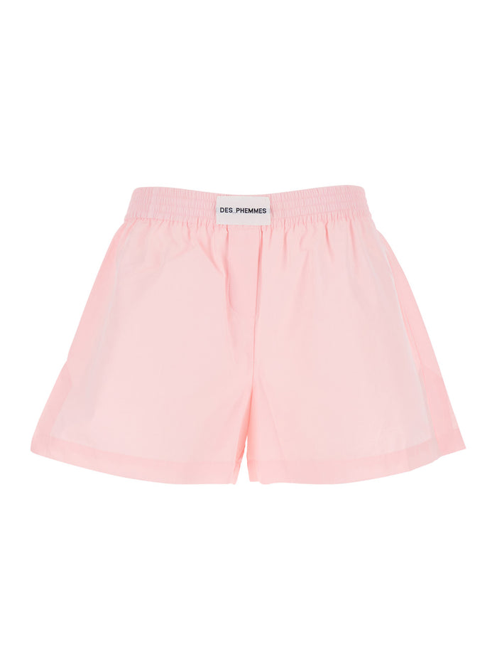 Pink Shorts with Elastic Waist Logo Patch in Cotton Woman And Bermuda