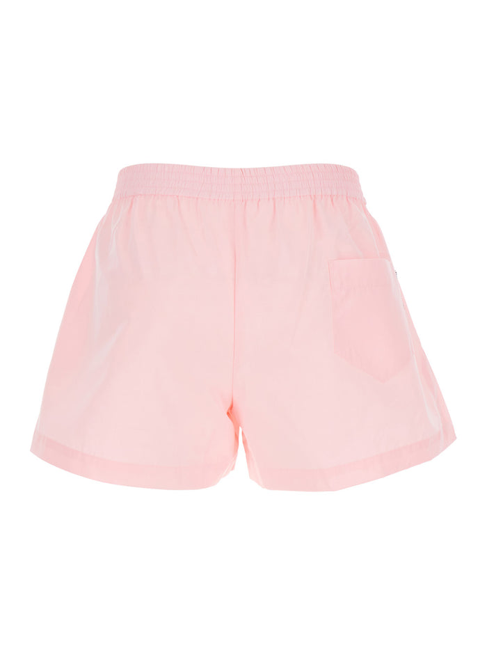 Pink Shorts with Elastic Waist Logo Patch in Cotton Woman And Bermuda