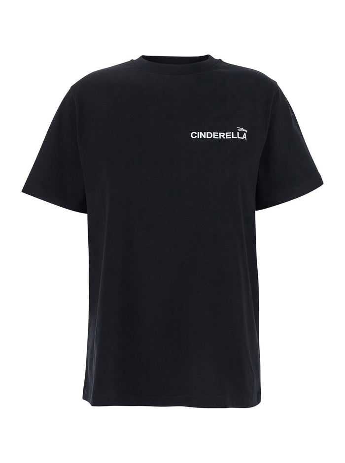 Cinderella Black T-Shirt with Logo Printed on the Front and Print Back in Cotton Woman Organic Tshirts Polo Shirts