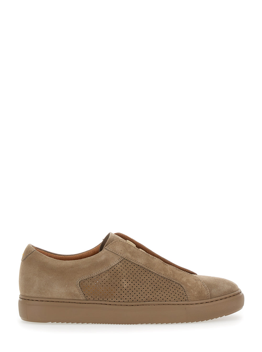Brown Low Top Sneakers With Perforated Panels And Slip-On Style Leather Man