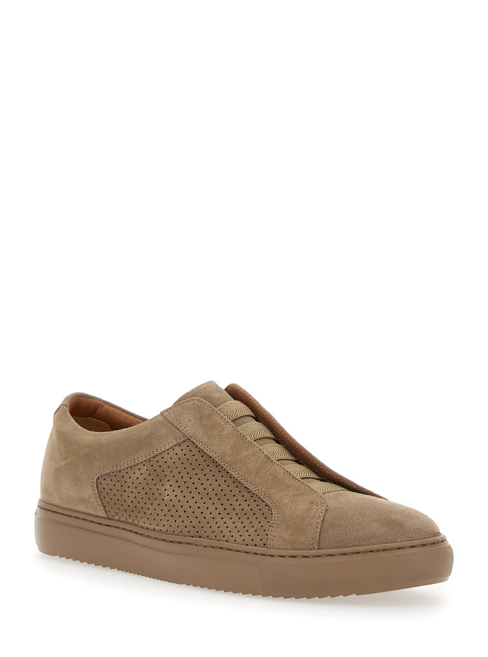Brown Low Top Sneakers With Perforated Panels And Slip-On Style Leather Man