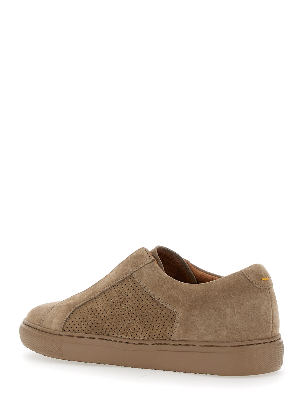 Brown Low Top Sneakers With Perforated Panels And Slip-On Style Leather Man