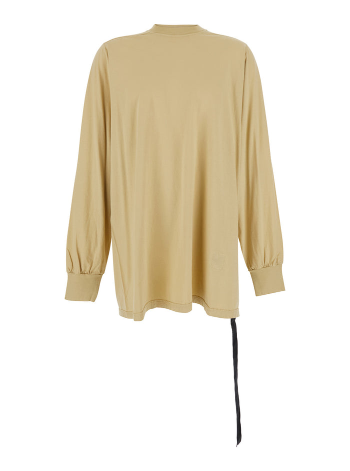 Jumbo Beige Crewneck T-Shirt With Tonal Logo Patch On The Front And Drawstring Detail Waist Cotton Man Tshirts Polo Shirts