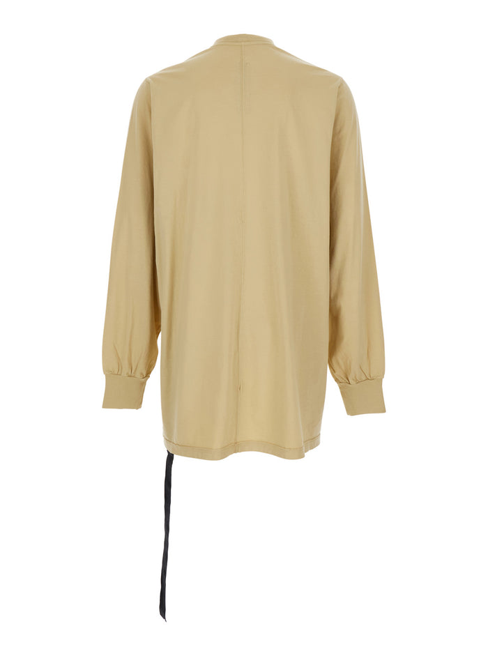 Jumbo Beige Crewneck T-Shirt With Tonal Logo Patch On The Front And Drawstring Detail Waist Cotton Man Tshirts Polo Shirts