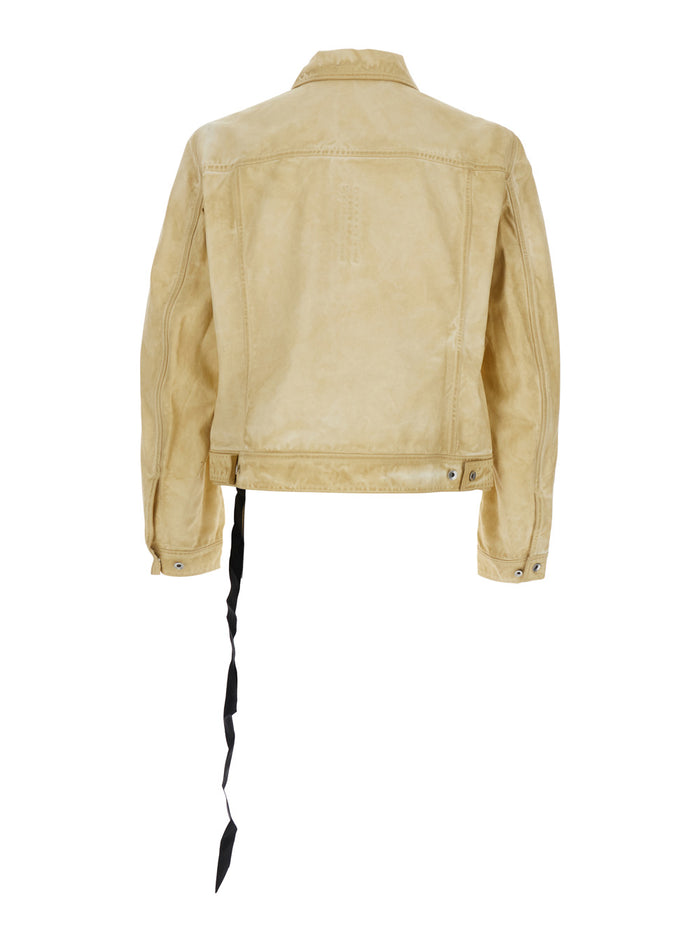Trucker Beige Jacket With Classic Collar And Drawstring Detail On The Waist Cotton Man