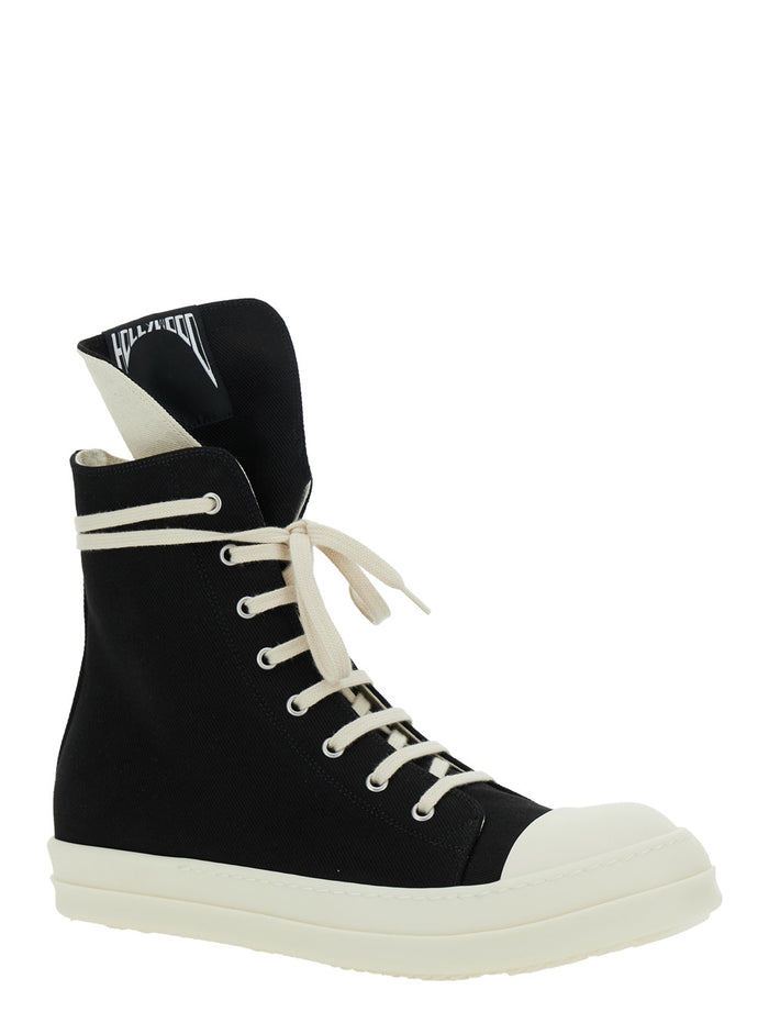 Black Sneakers With Oversize Tongue Logo And Side Zip Denim Man Cotton