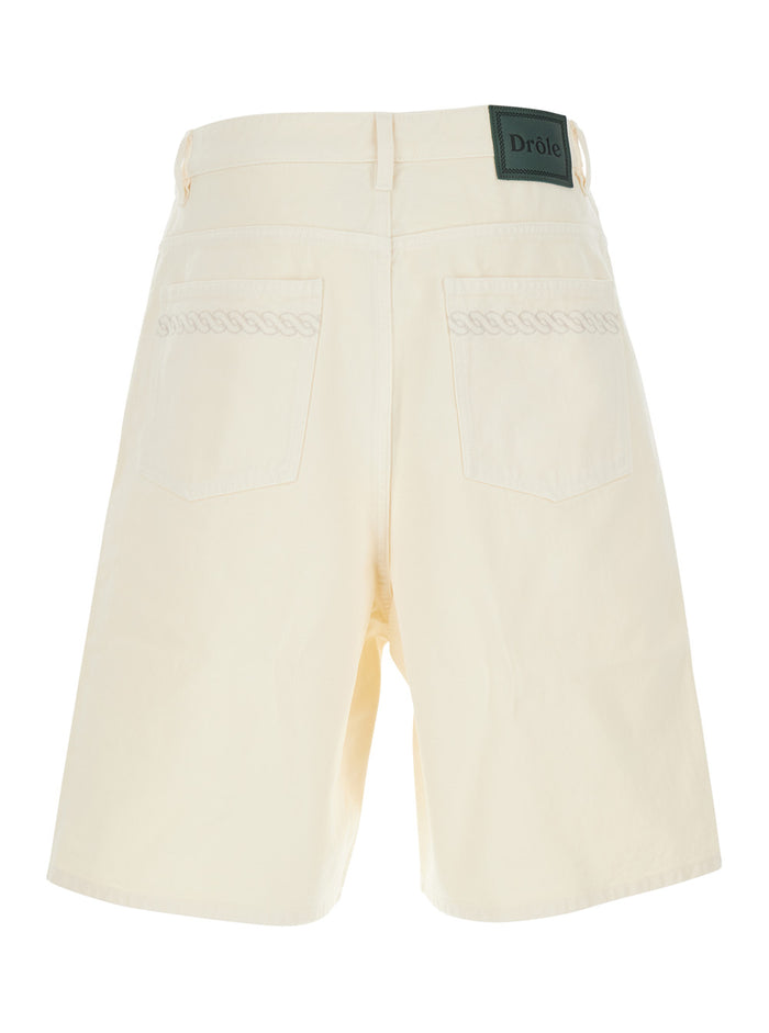 Le Short Baggy Écru White with Wide Leg and Logo Patch on the Rear in Cotton Man Bermuda