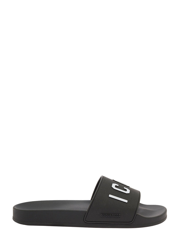 D-Squared2 Mans Black Rubber Slide Sandals With Logo Flat Shoes