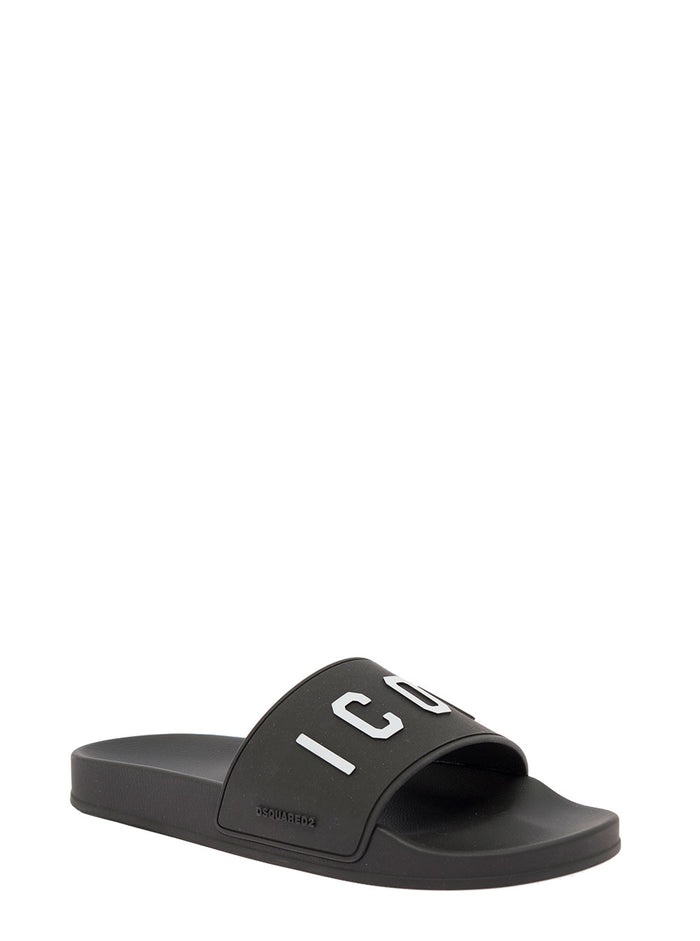 D-Squared2 Mans Black Rubber Slide Sandals With Logo Flat Shoes