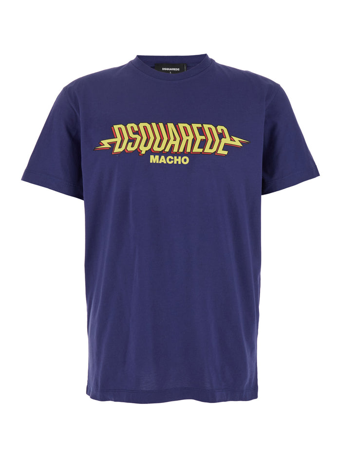 Blue Crewneck T-Shirt with Logo Print on the Front in Cotton Man Blu Tshirts And Polo Shirts