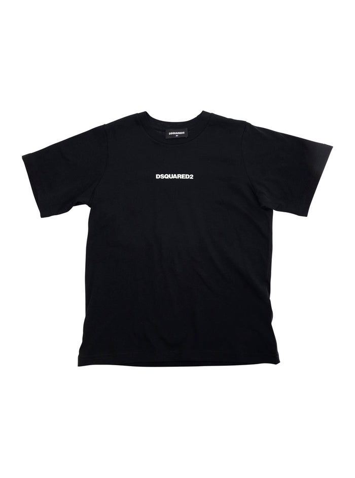 Black Crewneck T-Shirt with Logo Lettering on the Front in Cotton Boy Tshirts And Polo Shirts
