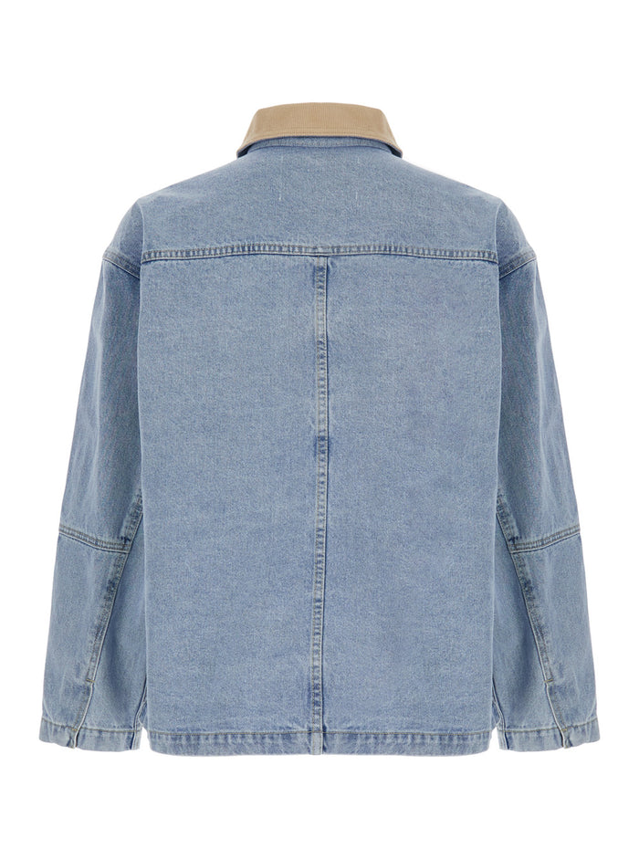 Light Blue Jacket with Contrast Collar and Patch Pockets on the Chest in Cotton Man Outerwear