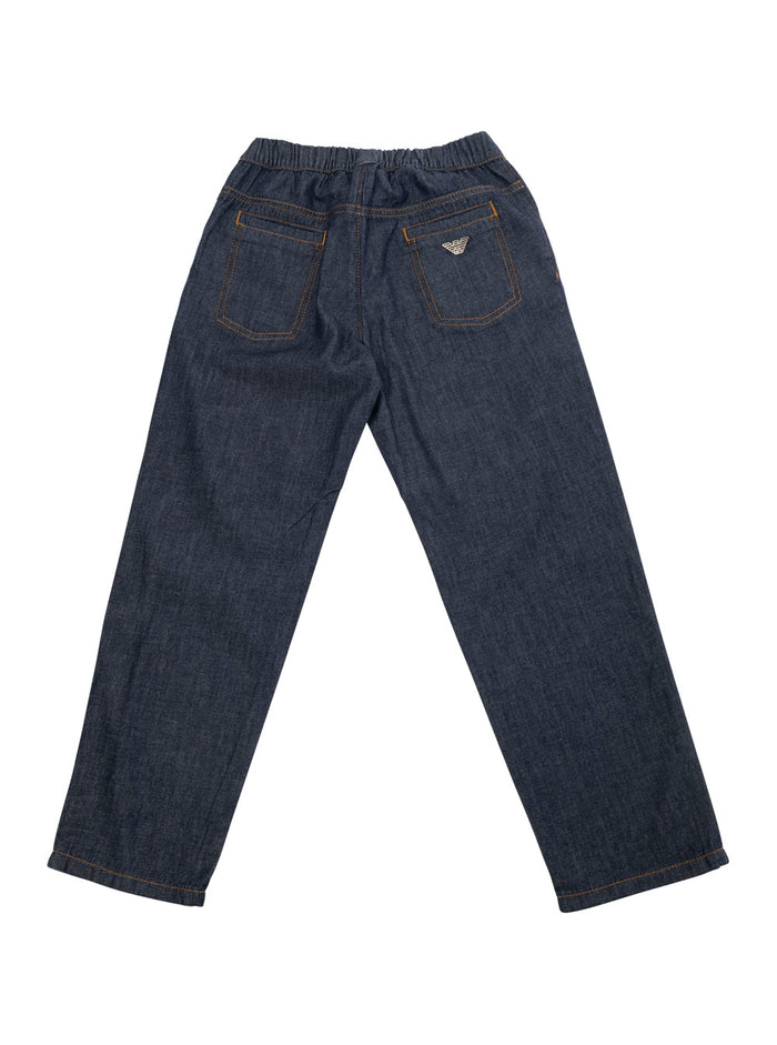 Blue Pants With Drawstring Elastic Waist And Logo Embroidery On The Rear Cotton Boy Blu Jean