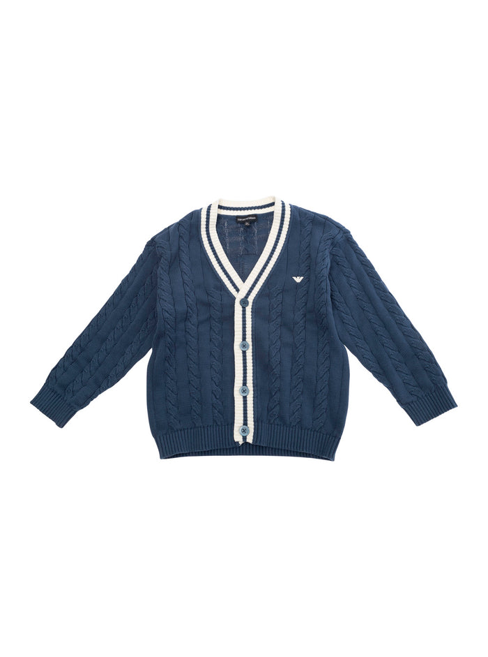 Blue Cardigan With V Neck And Logo Embroidery On The Front Cotton Boy Blu Jersey