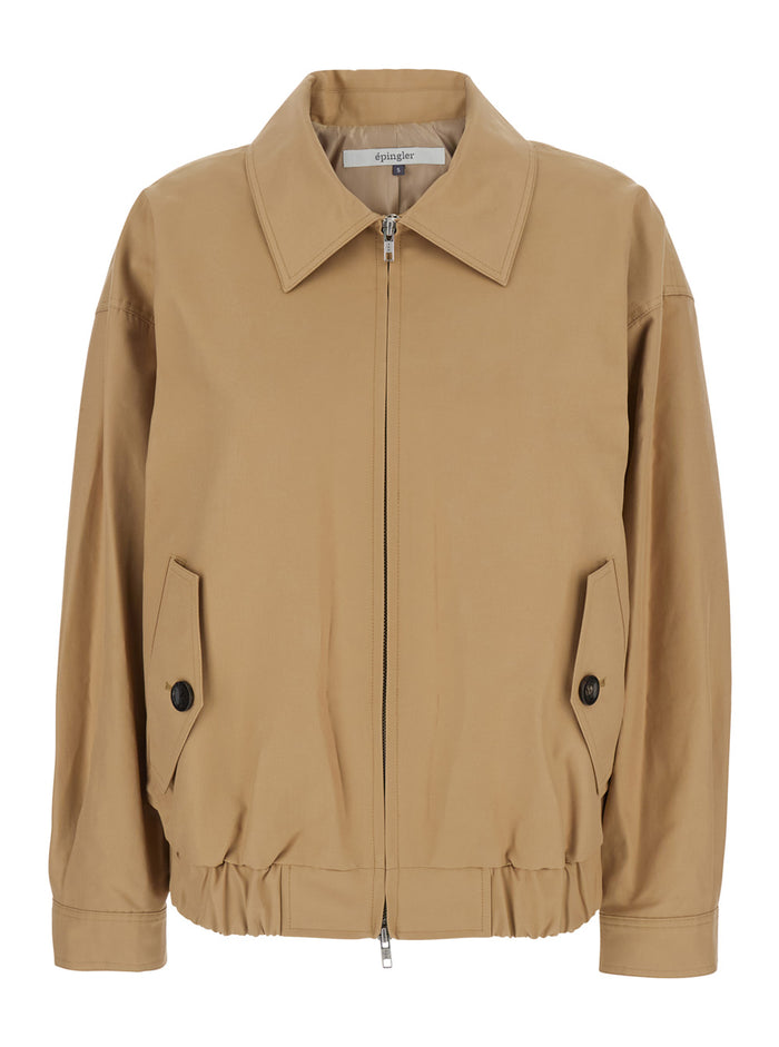 Beige Jacket With Classic Collar And Windproof Flap Cotton Blend Woman Recycled Polyester