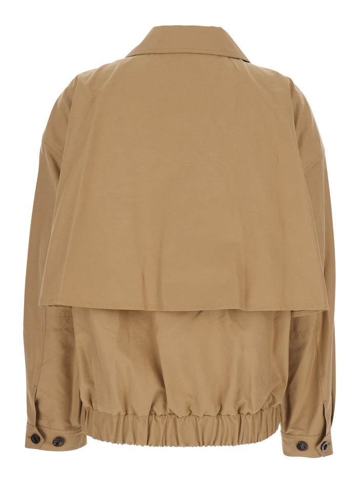 Beige Jacket With Classic Collar And Windproof Flap Cotton Blend Woman Recycled Polyester