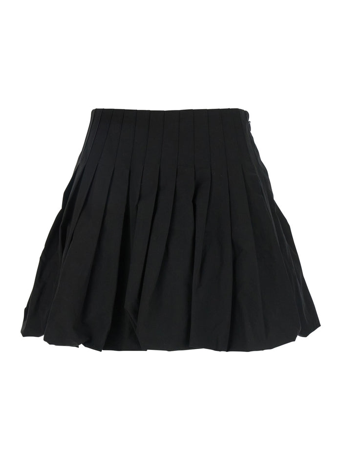 Black Mini Skirt With Concealed Side Zip Closure And Pleated Details Cotton Woman