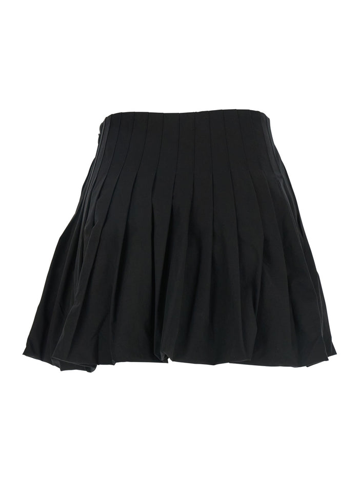 Black Mini Skirt With Concealed Side Zip Closure And Pleated Details Cotton Woman