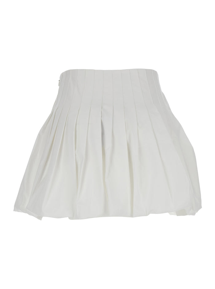 White Mini Skirt With Concealed Side Zip Closure And Pleated Details Cotton Woman