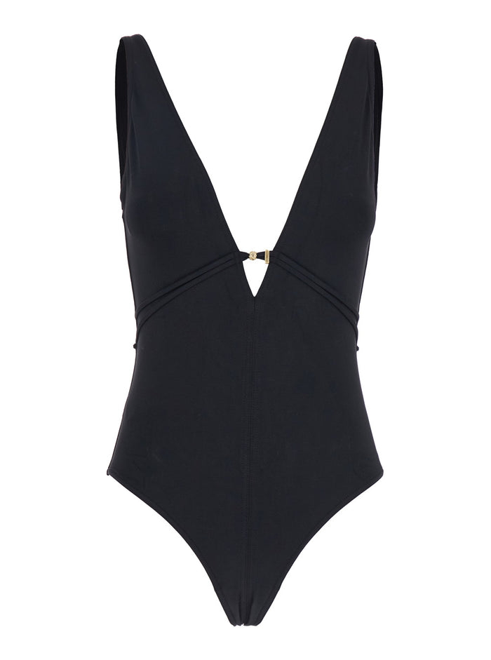 Lagon Black Swimsuit With V Neck And Front Tie Closure Tech Fabric Stretch Woman Polyamide Elastane Beachwear