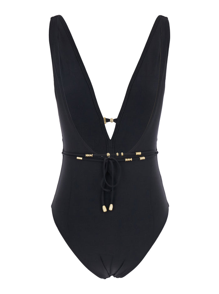 Lagon Black Swimsuit With V Neck And Front Tie Closure Tech Fabric Stretch Woman Polyamide Elastane Beachwear