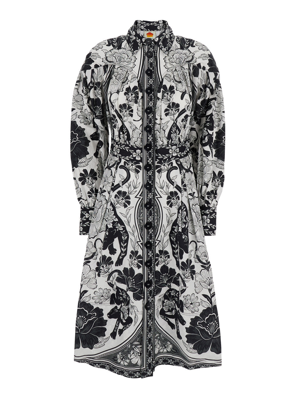 Black and White Long Dress with High Neck All-Over Floral Print in Cotton Woman White/black