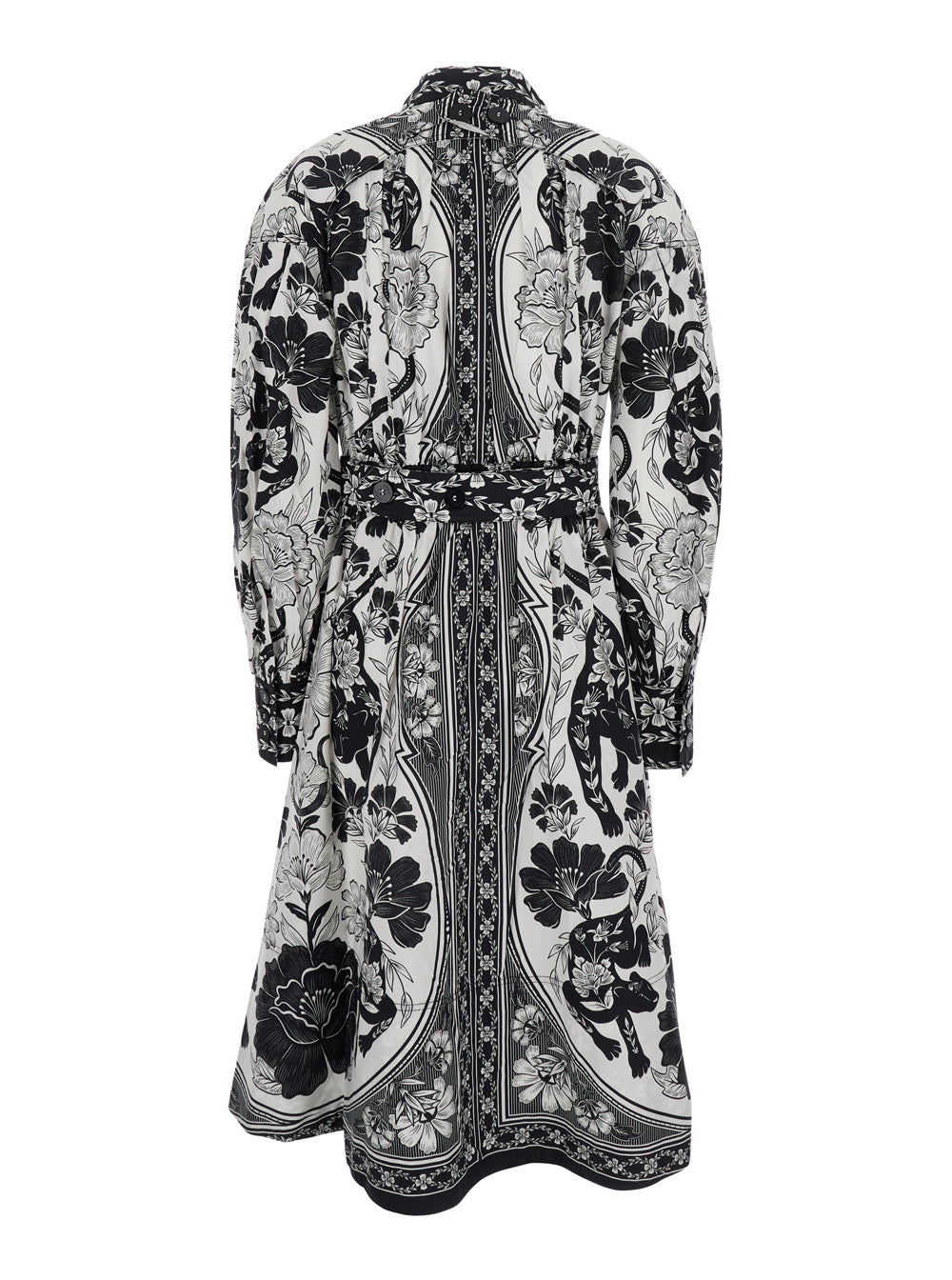 Black and White Long Dress with High Neck All-Over Floral Print in Cotton Woman White/black