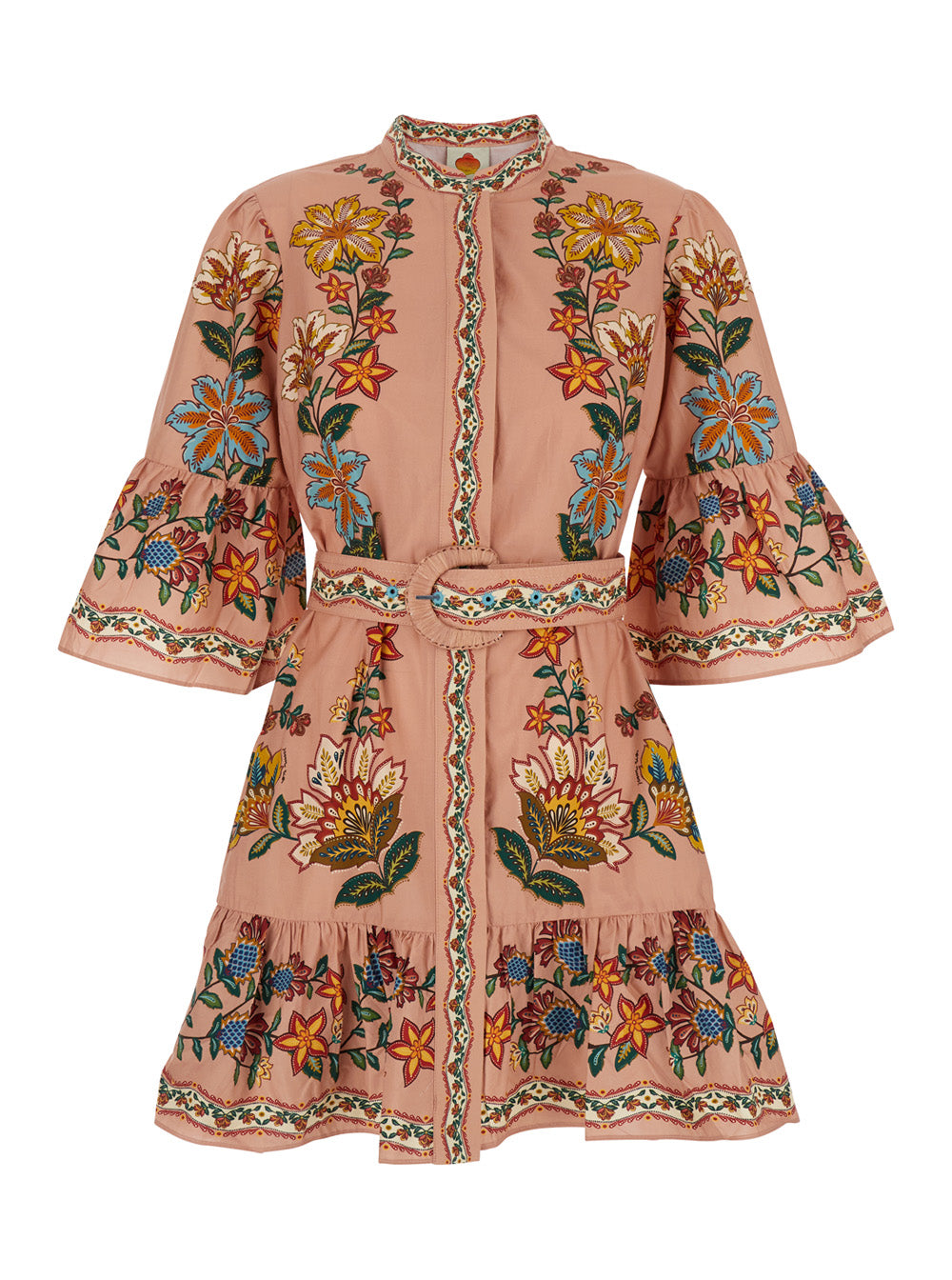 Multicolor Dress With All-Over Floral Motif And Waist Belt Fabric Woman