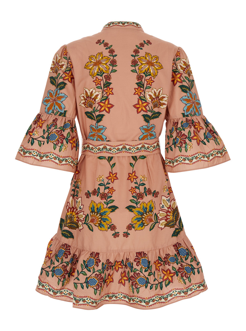 Multicolor Dress With All-Over Floral Motif And Waist Belt Fabric Woman