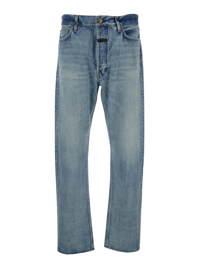 Blue Five-Pocket Jeans with Front Logo Patch in Denim Man Light Cotton