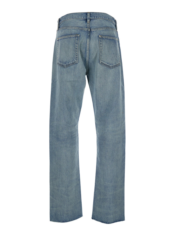 Blue Five-Pocket Jeans with Front Logo Patch in Denim Man Light Cotton