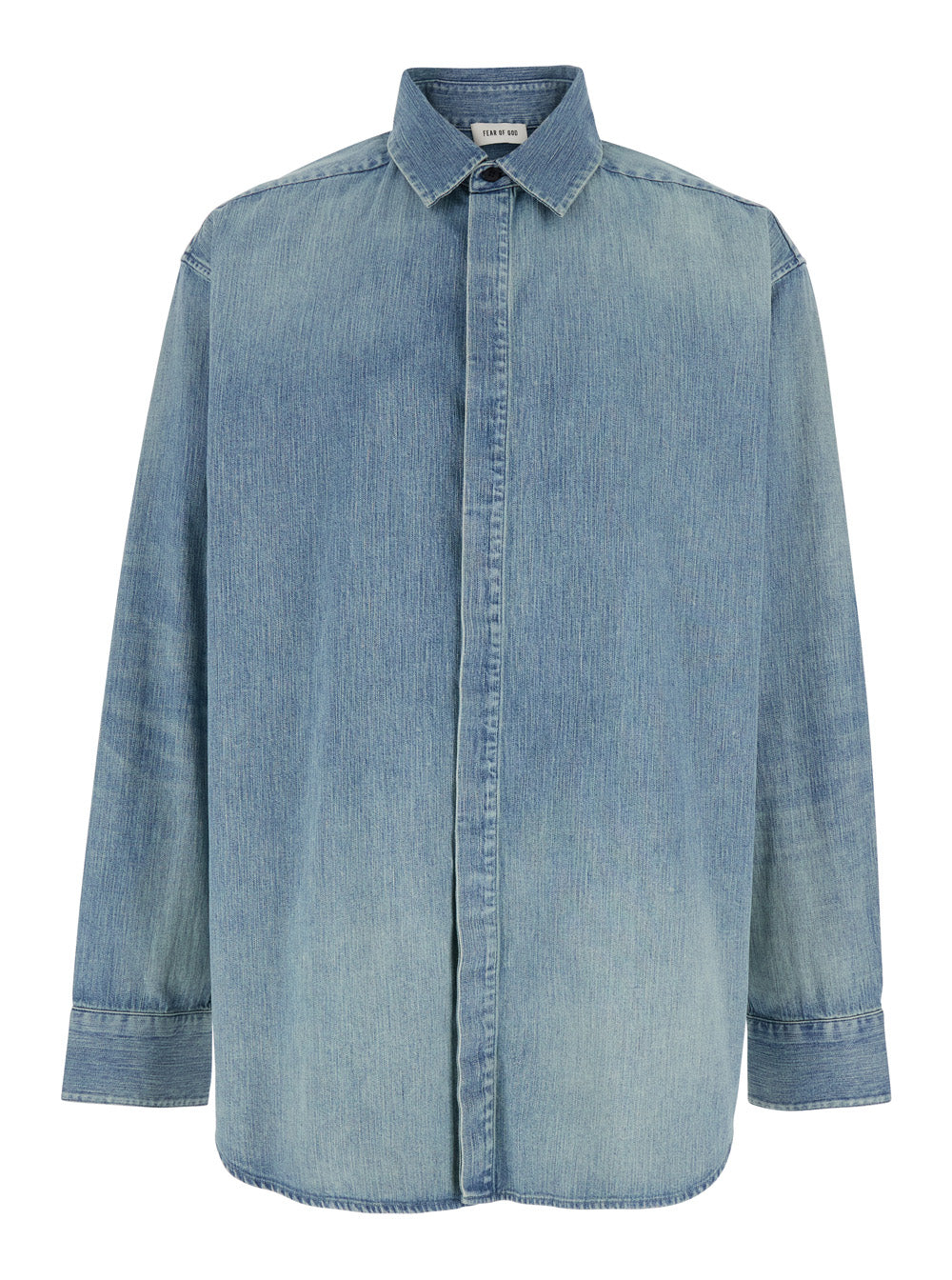 Blue Shirt with Classic Collar and Logo Patch on the Back in Denim Man Light Cotton Blouses