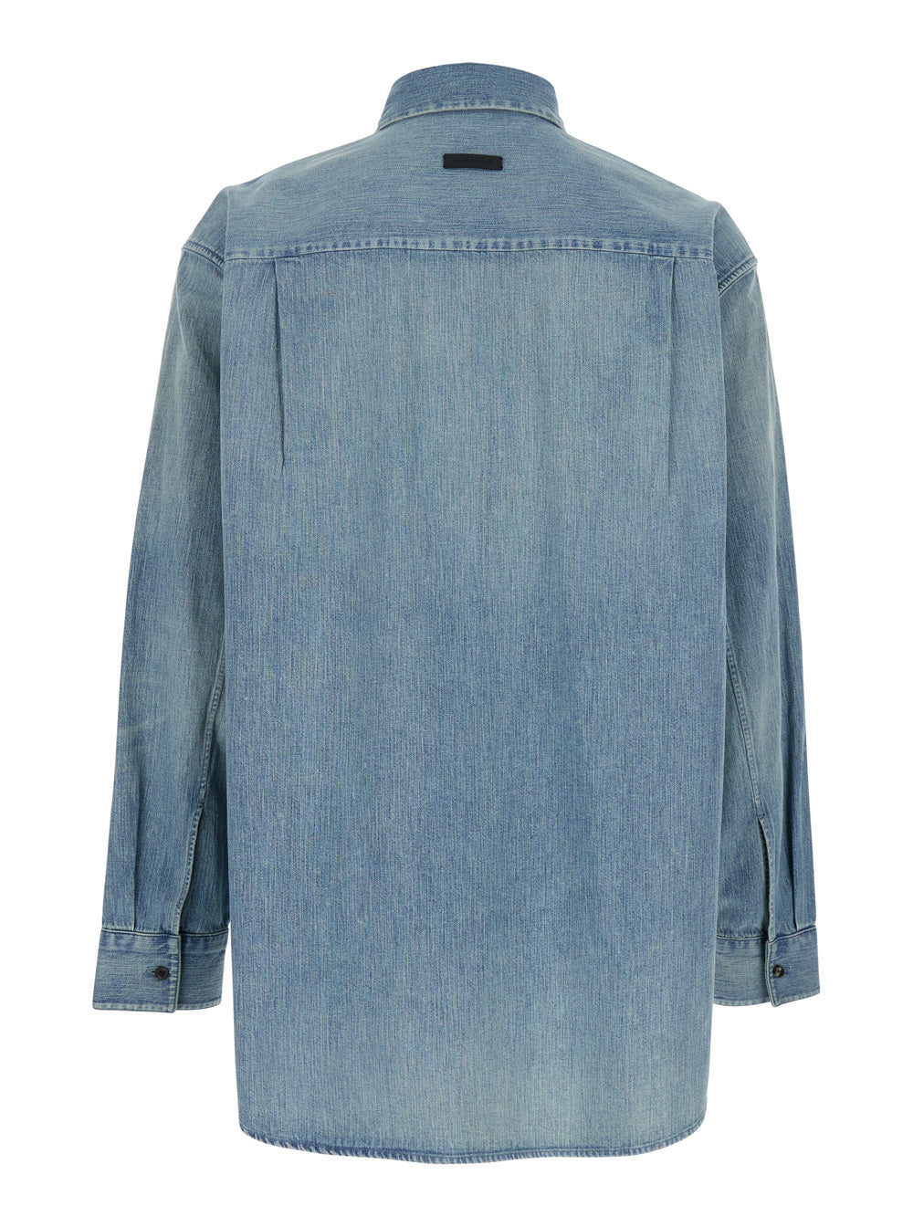 Blue Shirt with Classic Collar and Logo Patch on the Back in Denim Man Light Cotton Blouses