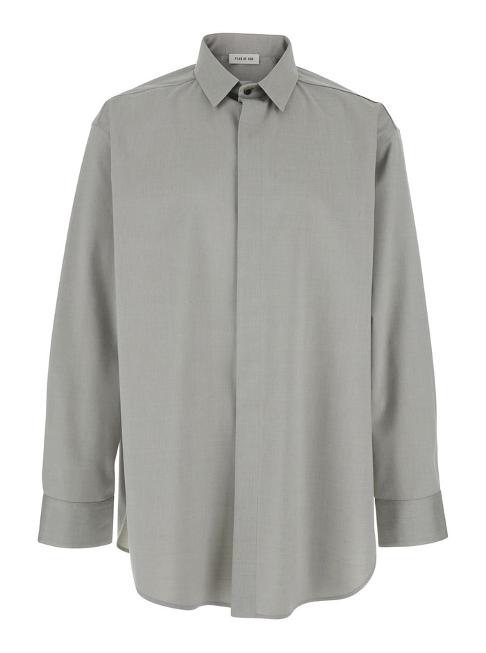 Grey Shirt with Classic Collar and Logo Patch on the Rear in Cotton Wool Blend Man Virgin Elastane Blouses