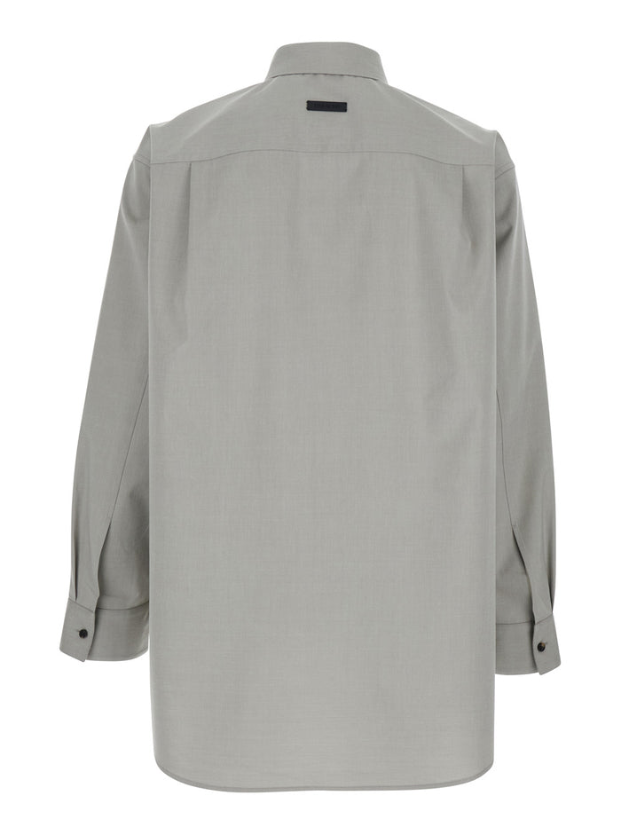 Grey Shirt with Classic Collar and Logo Patch on the Rear in Cotton Wool Blend Man Virgin Elastane Blouses