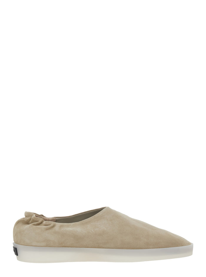 Beige Mules with Logo Patch on the Back and Elasticized Heel in Suede Man Calf Flat Shoes