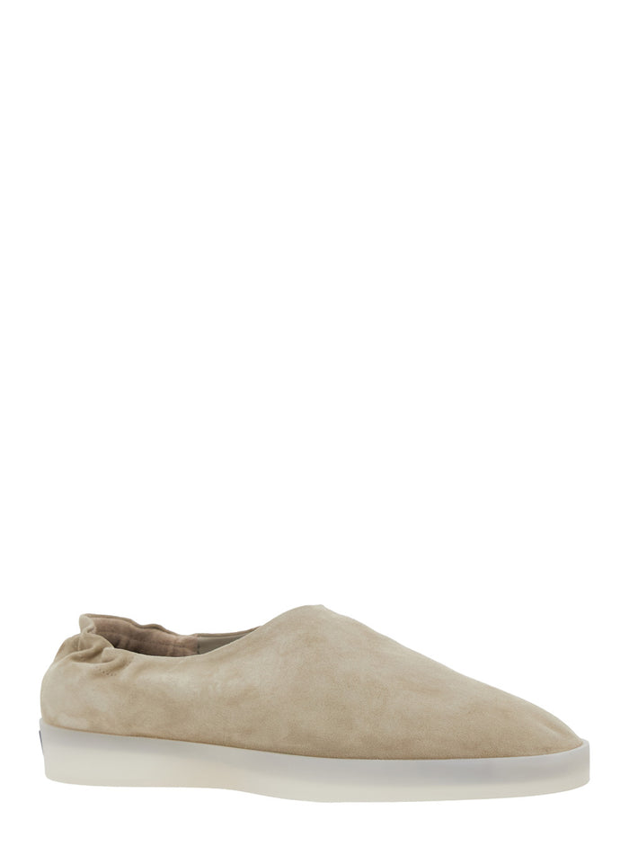 Beige Mules with Logo Patch on the Back and Elasticized Heel in Suede Man Calf Flat Shoes