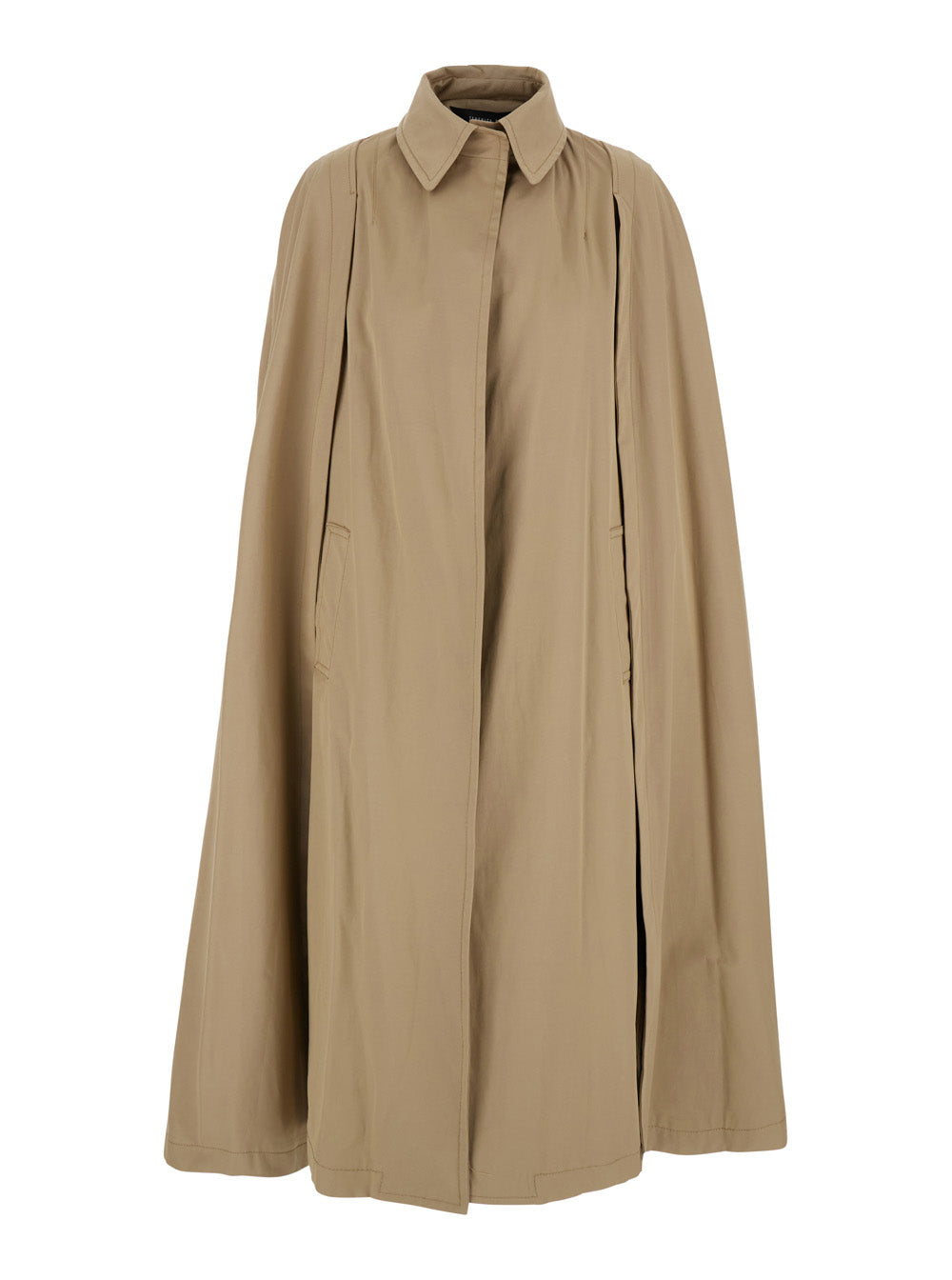 Beige Cape With Collar And Hidden Closure Fabric Woman Cotton Polyester Polyamid
