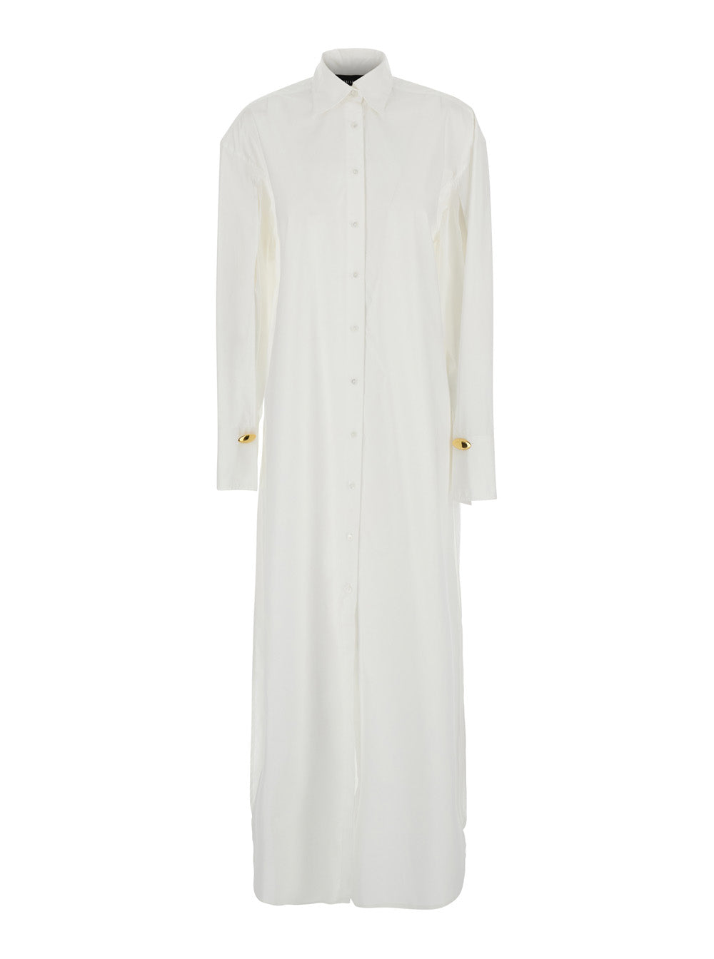 White Long Shirt With Pointed Collar And Metallic Details On The Cuffs Fabric Woman Cotton Elastane Dresses