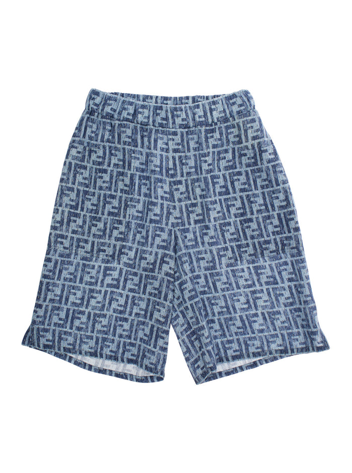 Blue Bermuda Pants With Elastic Waist And All-Over Ff Logo Print Linen Boy Blu Shorts