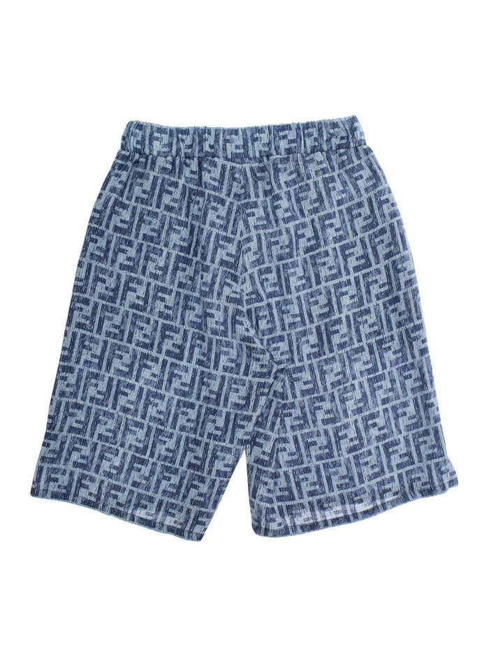 Blue Bermuda Pants With Elastic Waist And All-Over Ff Logo Print Linen Boy Blu Shorts