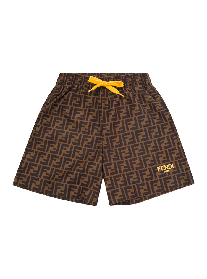 Brown Bermuda Shorts With Drawstring And Logo Print Ff Fabric Boy Polyester Beachwear