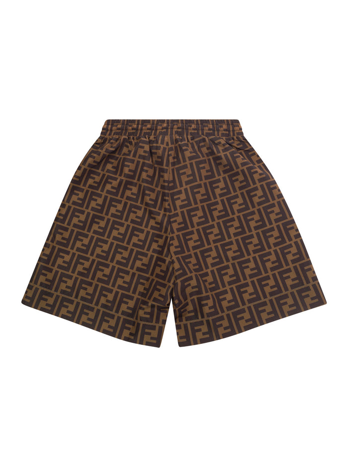 Brown Bermuda Shorts With Drawstring And Logo Print Ff Fabric Boy Polyester Beachwear