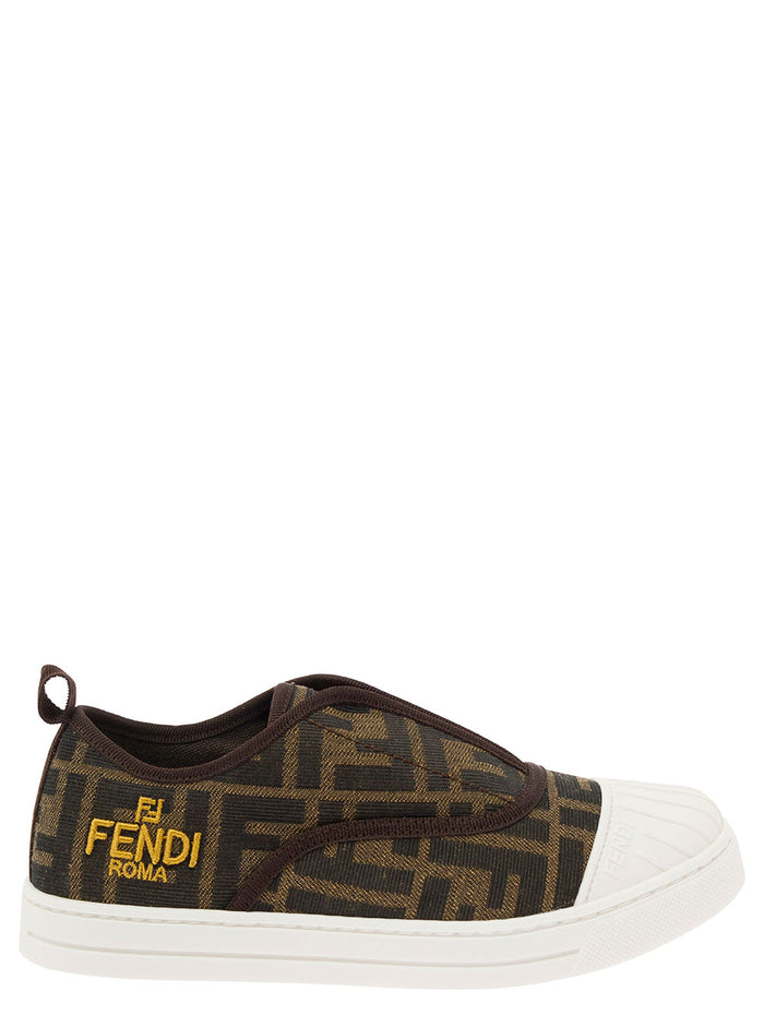Brown Pull-On Sneakers with Logo Embroidery in FF Canvas Boy Cotton