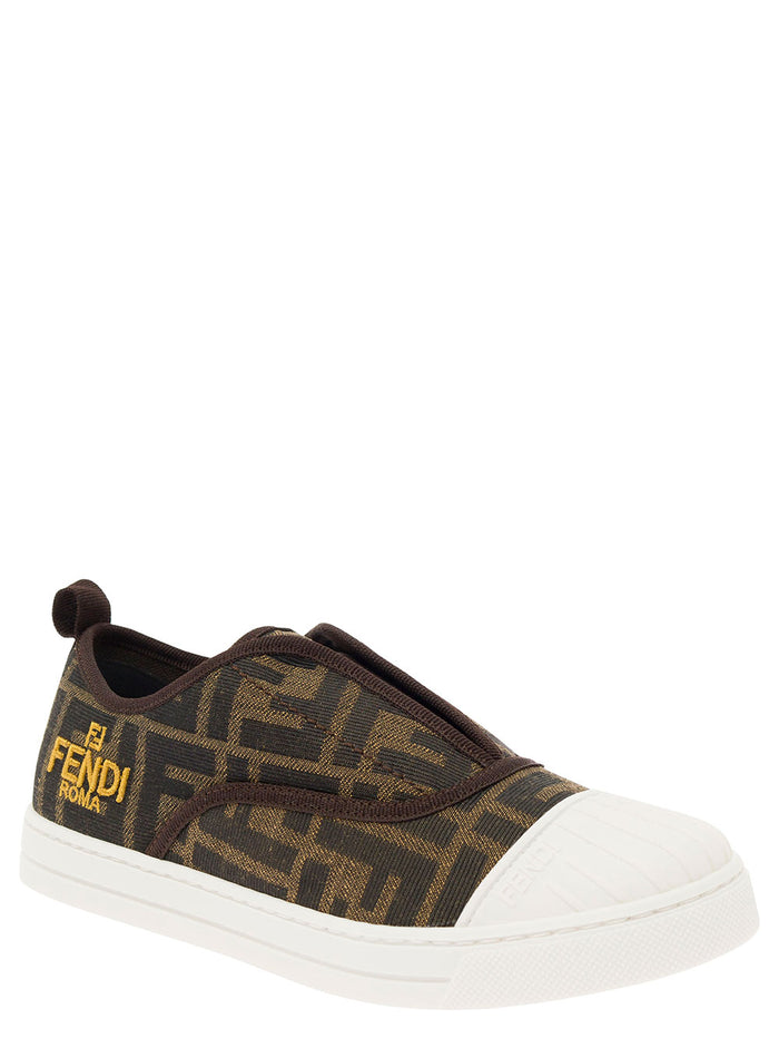 Brown Pull-On Sneakers with Logo Embroidery in FF Canvas Boy Cotton